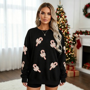 Sweat-shirt rouge surdimensionné à col rond, imprimé pailleté canne à sucre, pull tricoté unisexe, vêtement décontracté d'hiver - Product Image 3