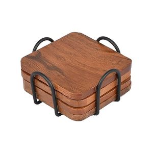 Support de sous-verres en bois artisanal avec cadre métallique, lot de 4, pour la protection des plans de travail, organisateur de sous-verres rustique en bois - Product Image 3