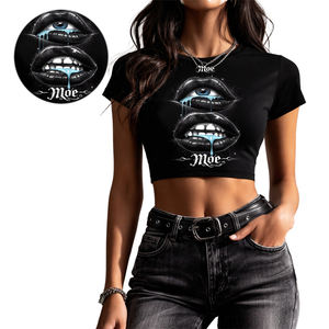 T-shirt court noir Y2K tendance pour femme avec imprimé graphique personnalisé DTG, en coton, coupe ajustée, décontracté, pas cher, OEM - Product Image 4