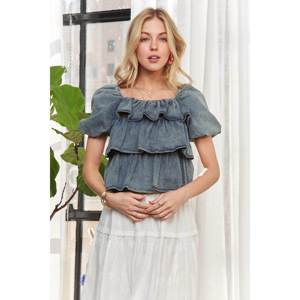 Blusa de Mezclilla Lavada con Volantes en Capas para Mujer ADORA, Tops Cómodos con Diseño Elegante, Talla S, 504g - Product Image 3