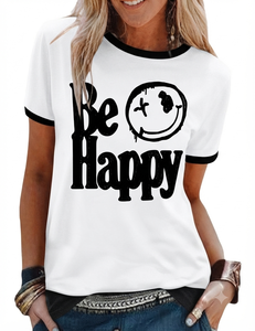 Women's Summer Casual Short Sleeve Ringer T-Shirt White Black Contrast Trim Crew Neck Be Happy for Face Graphic Print 100% - Product Image 1