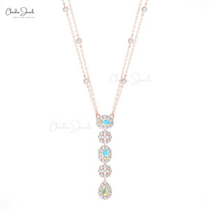Natural 1.16 Ct Round Cut Diamond Lariat <b>Necklace</b> with Ethiopian <b>Opal</b> Station Drop <b>Necklace</b> 14k Solid Gold Hallmarked <b>Necklace</b> - Product Image 2