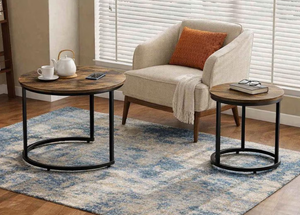 Modern Round Set of 2 Coffee <b>Tables</b> with Rustic Wood Top Decorative Design <b>Adjustable</b> Non-Slip Feet for Home & Garden Use - Product Image 3