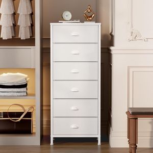 White Tall Dresser with 6 Fabric Drawers Vertical <b>Storage</b> Tower <b>Unit</b> and End Table for Bedroom for <b>Clothes</b> Organisation - Product Image 2