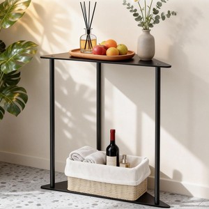 Triangle Metal <b>Side</b> <b>Table</b> 2-Tier Corner Shelf - Small Space Coffee End <b>Table</b> <b>Black</b> Powder Coated Bath Organizer Stand - Product Image 4
