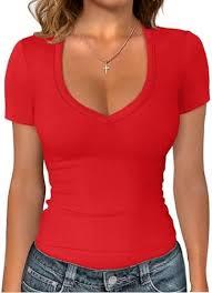 Red <b>Viscose</b>/Cotton Breathable Short Sleeve Spring/Summer Daily Wear Women's Sporty Slim Fit Solid V-neck Knit <b>Tops</b> - Product Image 2
