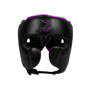 Fly Boxing Gear Set Black with Purple Trim Leather Headgear Groin Guard <b>Lace</b>-Up Fight Gloves Unisex for Martial Arts Training - Product Image 4