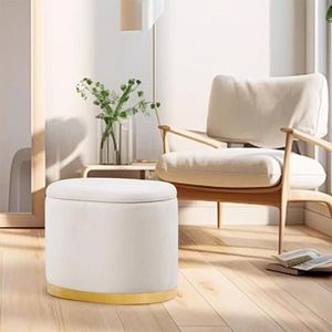 Pouf Contenitore Rotondo con Coperchio a Ribalta, Tavolino Laterale Multifunzionale con Base in Metallo, Sgabello Imbottito da Toeletta con Poggiapiedi - Product Image 3