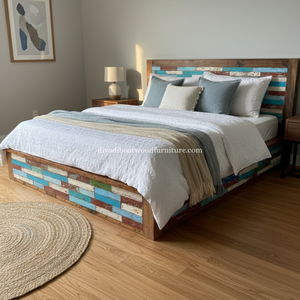Cama de Madera de Barco Reciclada con Cabecera Estilo Patchwork, Color Original, Diseño Sostenible para Dormitorio - Product Image 6