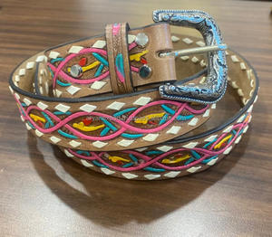 Hand <b>Tooled</b> Leather Flower <b>Belt</b> with Buck Stitch Western 100% Genuine Leather <b>Belt</b> Premium High Quality Cowhide <b>Belts</b> for Unisex - Product Image 2