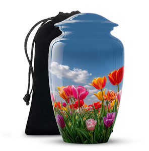 Aluminum Cremation Urn Adult Ashes <b>Memorial</b> Keepsake <b>Vase</b> Custom Floral Sky Finish with Drawstring Bag - Product Image 4