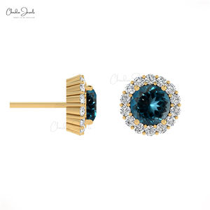 Pendientes de Oro Sólido de 14k de Lujo con Topacio Azul de Londres de 4mm y Halo de Diamantes, Joyería Elegante para Mujer, Proveedor Mayorista - Product Image 1