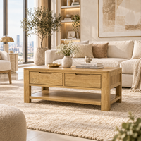 Table basse scandinave moderne en bois avec tiroirs de rangement et étagère ouverte, meubles de salon