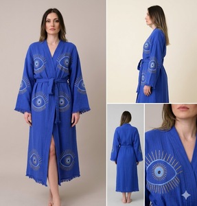 Robe Kimono Bleue à Col en V Brodé, Manches Longues, Coupe Ample, Broderie Faite Main, Longueur Maxi, Tenue Décontractée, Robes Décontractées - Product Image 4