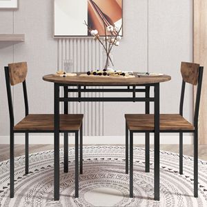 TOPMAX Modern 3-Piece Dining Room Set <b>Round</b> <b>Table</b> with Drop Leaf & 2 Chairs Black Frame & Rustic Brown Finish for <b>Small</b> Spaces - Product Image 3