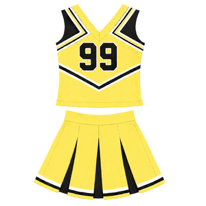 Ensemble d'uniforme de cheerleading jaune, noir et blanc, avec crop top sans manches à col en V et jupe plissée, pour spectacle de danse et équipe de cheerleading - Product Image 2