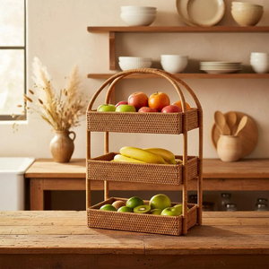 Étagère à 3 niveaux en rotin tressé à la main du Vietnam, style bohème, pour cuisine, rangement et présentation, avec poignées – Fournisseur - Product Image 3