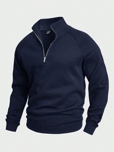 Sweat-shirt noir pour homme à demi-zip, col montant, manches longues, pull tricoté doublé polaire, décontracté, idéal pour l'automne - Product Image 3