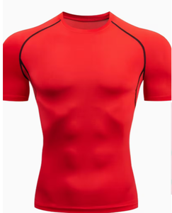 Camiseta Deportiva de Compresión para Hombre, Roja, Tejida, Cuello Redondo, Secado Rápido, Color Sólido, Manga Corta - Product Image 1