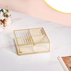 Gold Frame Glass Jewelry Box with Velvet Lining for Rings Earrings Necklace Storage Organizer <b>Vanity</b> <b>Desk</b> Decor - Product Image 2