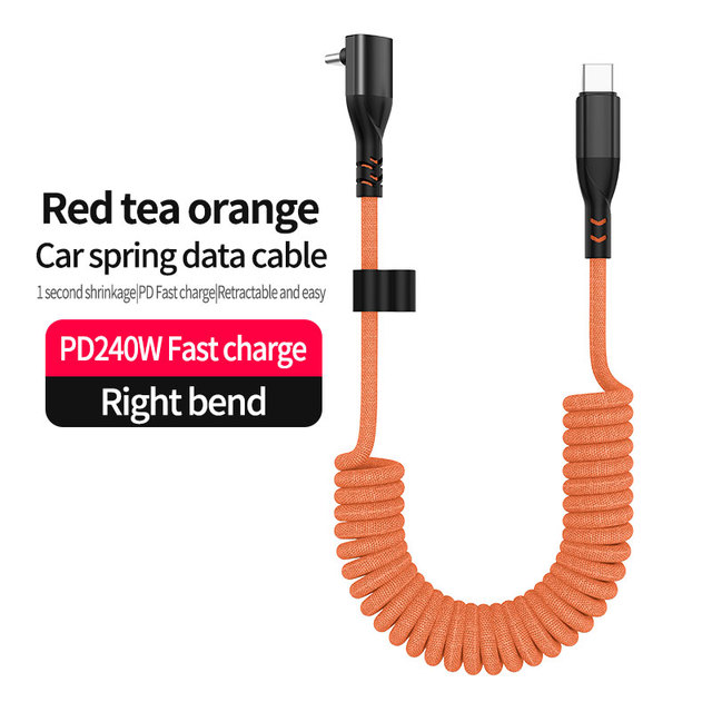 240W USB-C to USB-C Coiled Spring Fast Charging Cable 90 Degree Right Angle for Laptops Phones Car