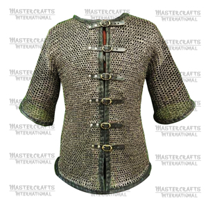 Haubert médiéval en acier doux avec garniture en cuir, rivets plats et anneaux de fixation, pour adulte, idéal pour Halloween - Product Image 1