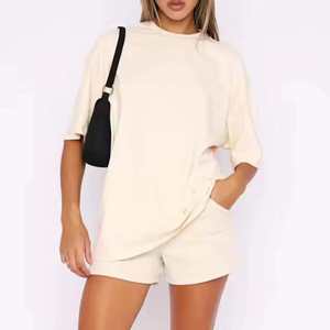 Conjunto de 2 Piezas para Mujer, Shorts de Punto Negros, Cuello Redondo, Corte Holgado, Ropa Casual de Primavera/Verano, Color Sólido, Atuendo Diario - Product Image 3