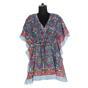 100% Cotton Women Sleepwear Hand Block Printed Kaftan Dress KFCS049 Light Weight Women Casual Occasion Wear Short Caftan Dress - Product Image 6
