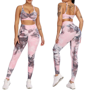 Conjunto de yoga de 2 piezas con estampado tie-dye de moda, leggings de cintura alta a prueba de sentadillas y sujetador acolchado para ropa deportiva de gimnasio para mujer, conjuntos de yoga deportivos - Product Image 5