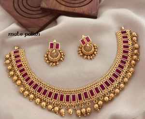 Conjunto de collar y pendientes Jhumka de aleación de oro y cobre de primera calidad, acabado mate, hecho a mano, con piedra étnica Kemp, elegante, estilo nupcial del sur de la India. - Product Image 5