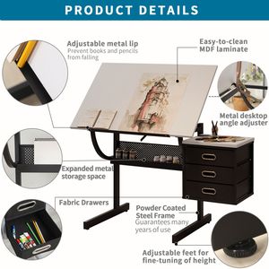 Adjustable White Tabletop Drafting <b>Drawing</b> Desk with Stool and 3 <b>Storage</b> Drawers for Crafting Reading Writing - Product Image 2