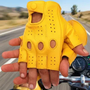 Yellow Half Finger Sheep Leather Cycling <b>Gloves</b> Breathable Button Closure Unisex Summer Riding <b>Gloves</b> - Product Image 6