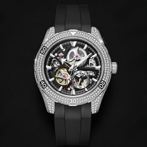 Silver Crystal <b>Skeleton</b> Sport <b>Watch</b> Black Strap <b>Automatic</b> Gear Dial Luxury Statement Timepiece For Men Modern Fashion Gift - Product Image 1
