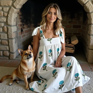 Vestido maxi de algodón sin mangas con tirantes en los hombros que fluye holgado escote cuadrado azul verde estampado de bloque floral verano - Product Image 1