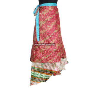 Ethnic Bohemian 2 Layer Reversible Silk <b>Wrap</b> <b>Skirt</b> for Women Summer Natural Waist Maxi Length - Product Image 2