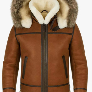 Custom Men’s B3 <b>Bomber</b> <b>Jacket</b> Brown <b>Shearling</b> Sheepskin Leather <b>Jacket</b> with Real Fox Fur Hood – Winter Warm Aviator Flight Coat - Product Image 1