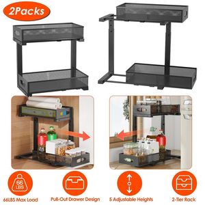 Lot de 2 tiroirs de rangement coulissants à 2 niveaux sous évier, organisateur de placards de cuisine à 5 hauteurs réglables, paniers de rangement - Product Image 2