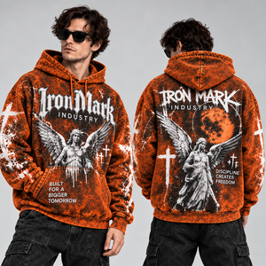Iron Mark Industry Men's Oversized <b>Hoodie</b> Streetwear Print Front Logo <b>Orange</b> Knitted Polyester Winter Style ODM Waterproof - Product Image 1