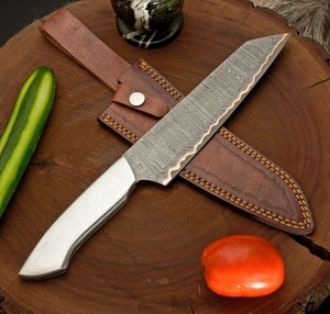 Couteau de Chef Haut de Gamme LEGACY BLADES en Acier Damas Cuivré, Manche en Acier Fait Main, Étui en Cuir – Vente en Gros Fabricant - Product Image 5