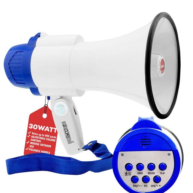 5 Core Portable 30W Megaphone Bullhorn Speaker With Siren And Record Function For Indoor Outdoor Use