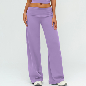 Pantalon large pour femme à taille haute élastique, uni, léger et brossé, avec ceinture pliable, coupe ample pour la course en extérieur - Product Image 5