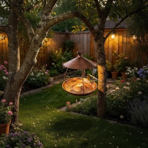 Bain d'oiseaux suspendu en cuivre avec motif floral, finition martelée, ornement de jardin extérieur de style traditionnel, pour usage extérieur en jardin. - Product Image 6