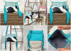 New Genuine Cowhide Western Leather Fringe Bag Hand Tooled Floral Design Turquoise Accent Shoulder Crossbody Handbags for Female - Product Image 3