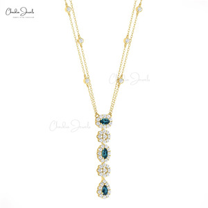 Collar de Topacio Azul Londres Natural de 5x3mm con Cierre de Resorte y Halo de Diamantes en Oro Sólido de 14k, Envío Gratis, Joyería - Product Image 1
