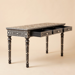 Table console de luxe noire à incrustations florales en os, meuble indien fait main pour salon et chambre à coucher - Product Image 5