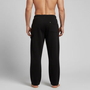 Pantalon de survêtement décontracté en coton noir pour homme à prix abordable, taille élastique avec cordon de serrage, logo flamme et poche latérale droite, collection automne - Product Image 3