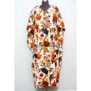 Vestido Kaftan Ecológico Paradise 100% Algodón, Impresión a Mano, Largo hasta el Suelo, Ropa de Resort, Natural - Product Image 1