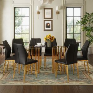 Set di Tavolo da Pranzo Ovale in Vetro Temperato da 71 Pollici e 8 Sedie in PU Nero con Colonna Doppia Dorata, Arredamento per Sala da Pranzo di Lusso - Product Image 2