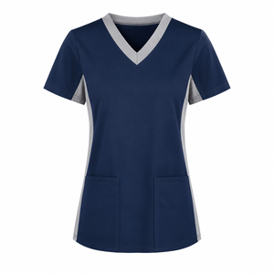Blouse médicale personnalisée pour femme, bleu marine, col en V, manches courtes, extensible, uniforme d'infirmière d'hôpital avec poches, vente en gros OEM, denim - Product Image 1