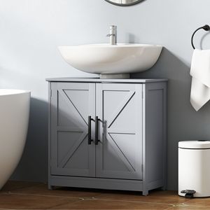 Mobiletto da Bagno Grigio Scuro Stile Rustico con Lavabo a Colonna, Armadietto a Terra con 2 Ante Scorrevoli e Ripiano Regolabile - Product Image 2